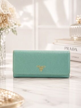 Prada Saffiano Leather Long Wallet – Turquoise | Gold Logo | Box Included